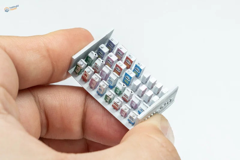 1/35 3D printed milk cartons on miniature white plastic shelf