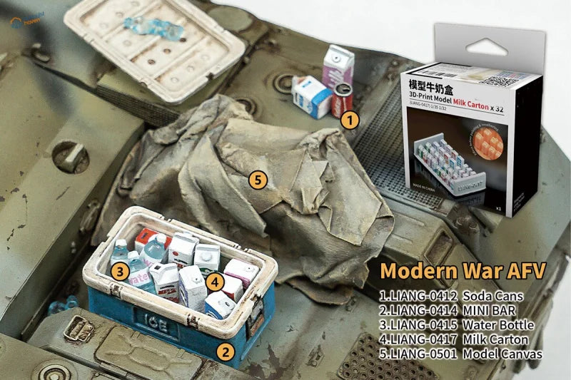 1/35 3D printed milk cartons in blue plastic cooler with mini sodas