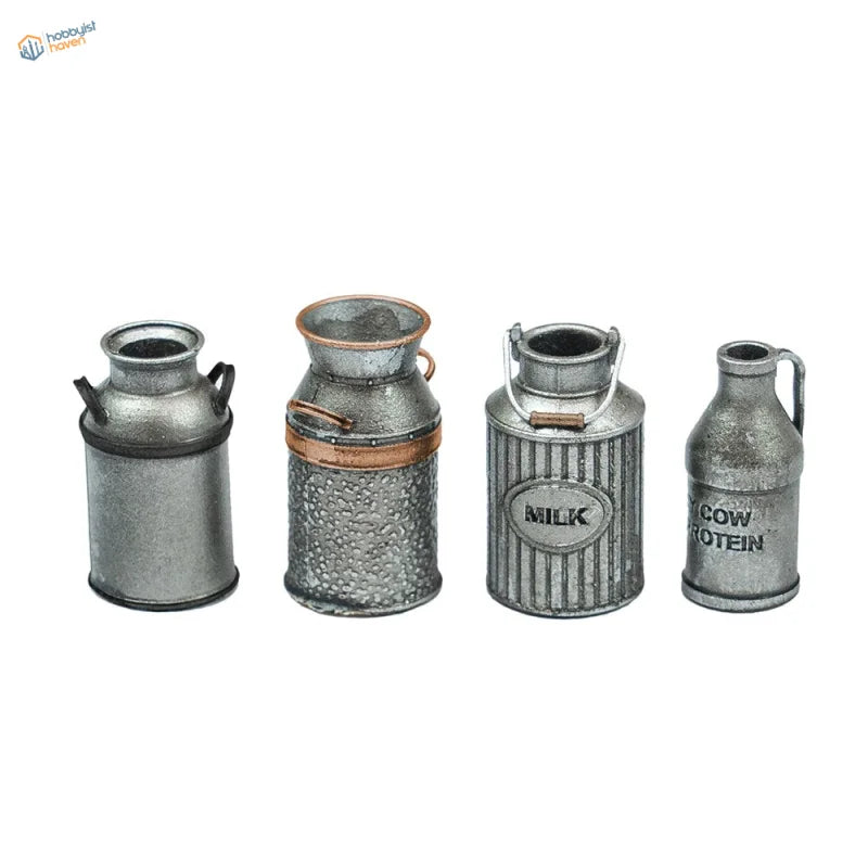 1/35 3D printed model milk cans: four miniature galvanized metal milk cans