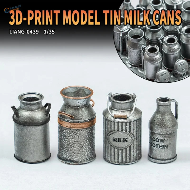 1/35 scale 3D printed model milk cans in silver with copper accents and milk labels
