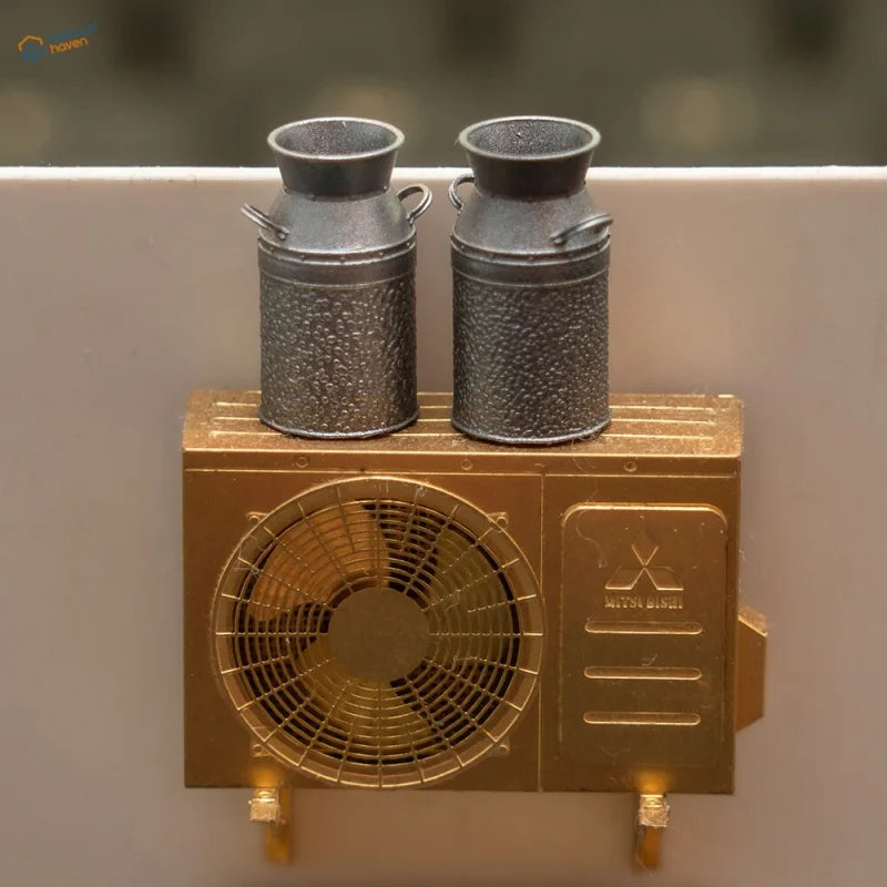 1/35 3D printed model milk cans on golden Mitsubishi AC unit