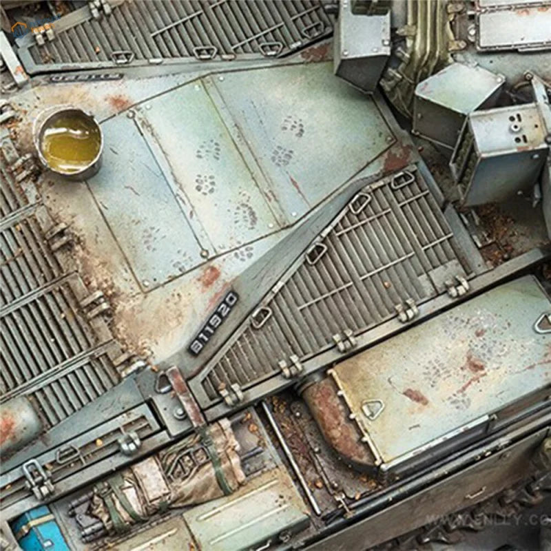 1/35 3D-printed shoeprint tools for WWII armies: weathered gray metal panel with rust and rivets