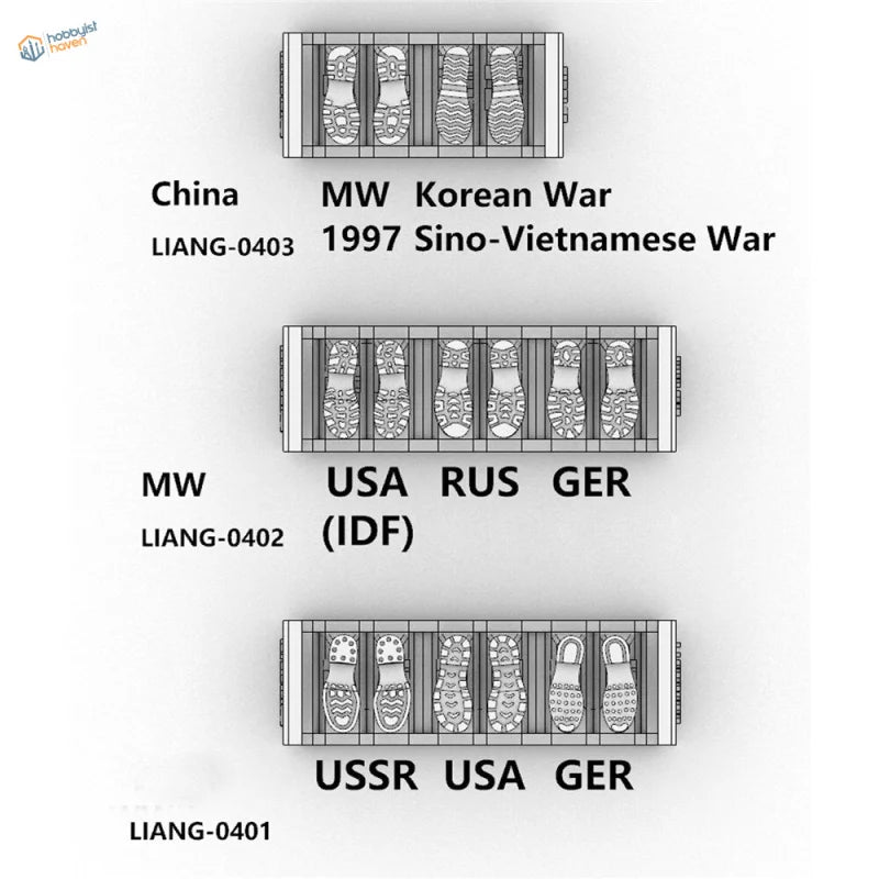Black and white schematics of WWII armies shoeprint tools for 1/35 scale modeling