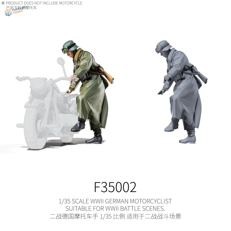 1/35 scale WWII German motorcyclist figure in olive green uniform and helmet