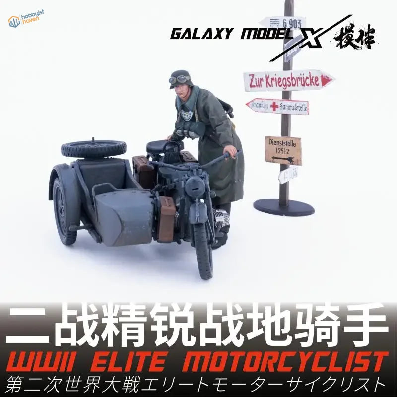 1/35 3D-printed WWII German motorcyclist figure with black BMW motorcycle sidecar model kit
