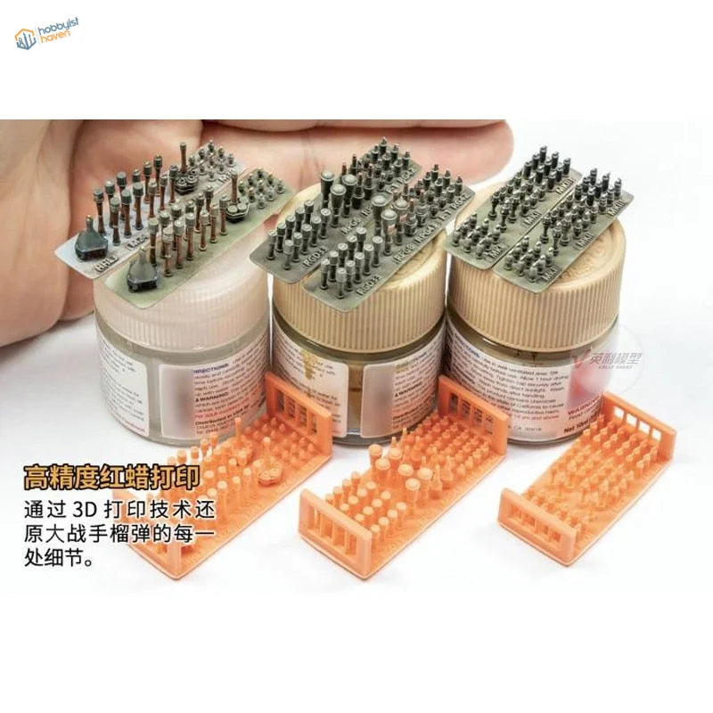 1/35 scale models of WWII grenades in jars with scale modeling tools