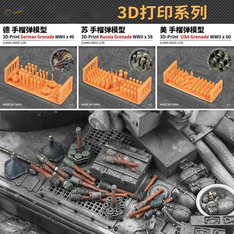 1/35 scale WWII grenades: orange 3D-printed German, USSR, US models on trays
