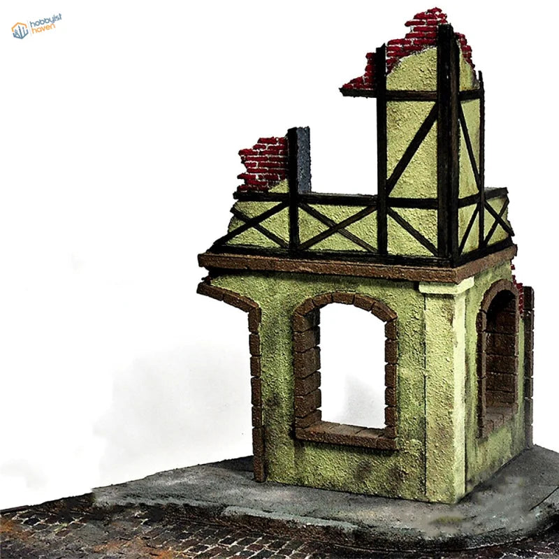 1/35 corner ambush scene: half-destroyed building model with green walls