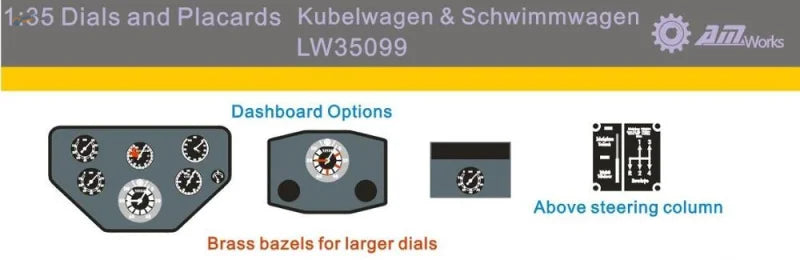 Gray brass-bezel vehicle dials on 1/35 scale modeling dashboard