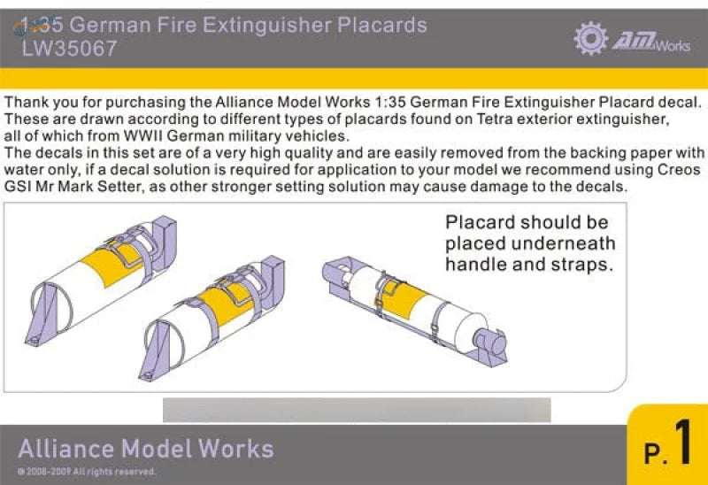 1:35 WWII German fire extinguisher placard decals in yellow and gray for models