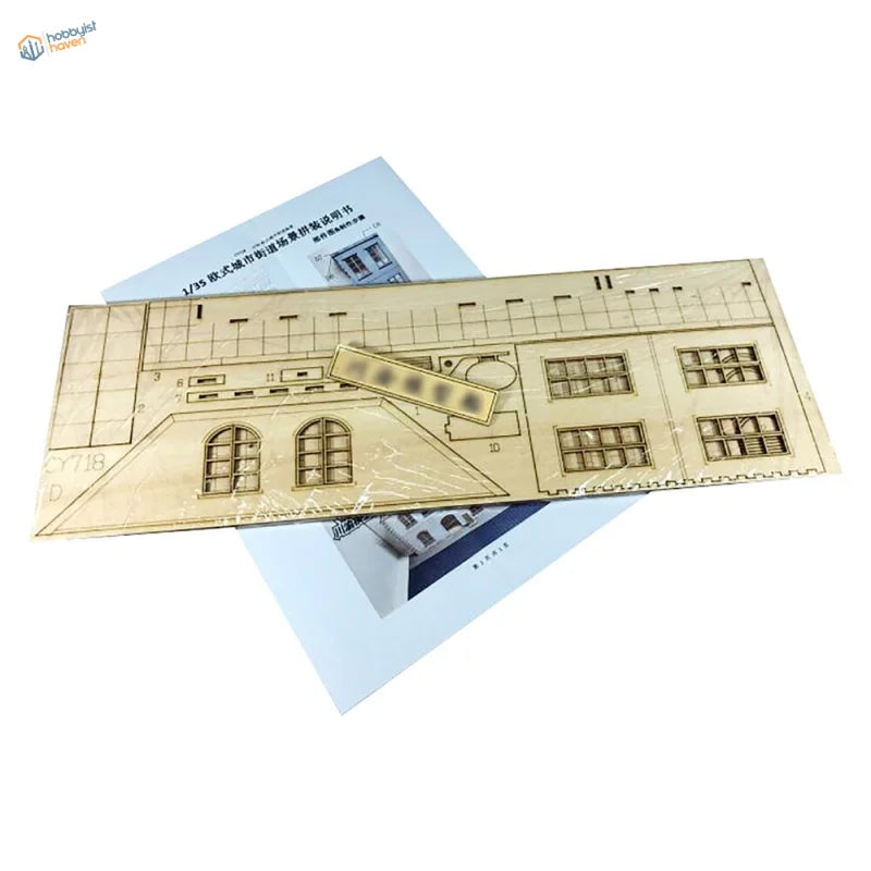 1/35 European street facades model kit with light-colored wooden city street scene