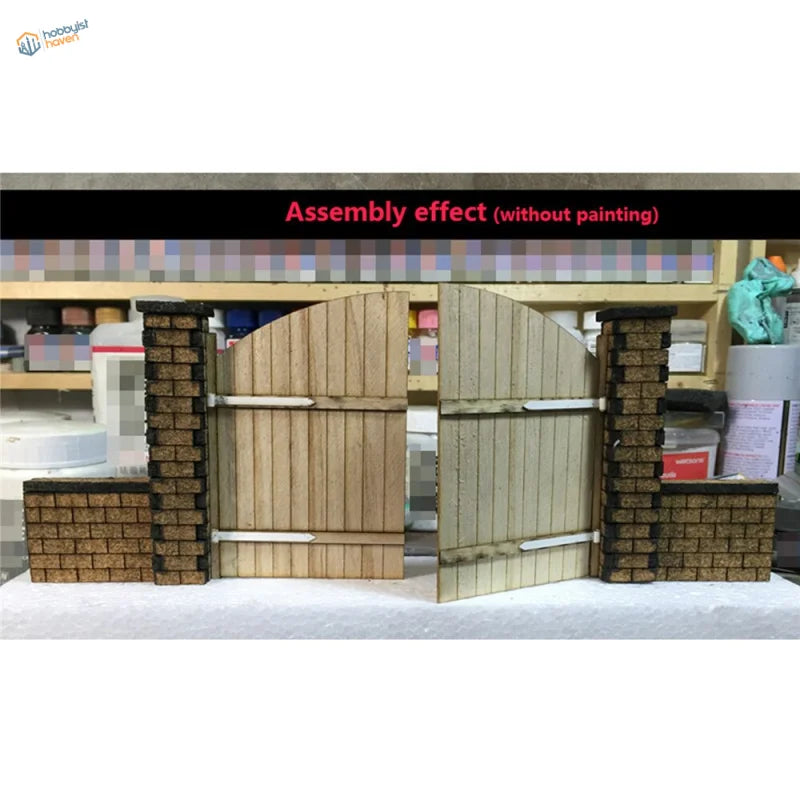 1/35 European wooden door scenario: unpainted wooden double arched gate with brick pillars