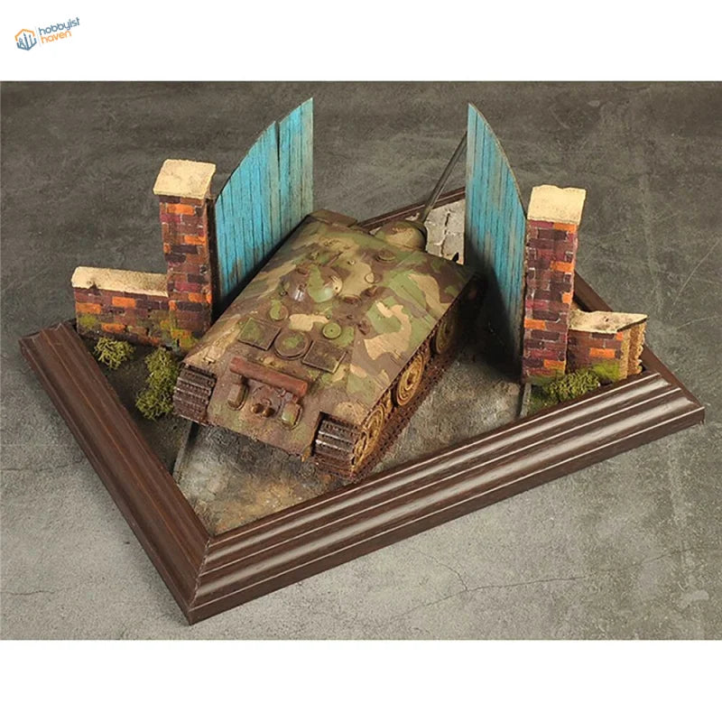 1/35 camouflage tank on European wooden door diorama base