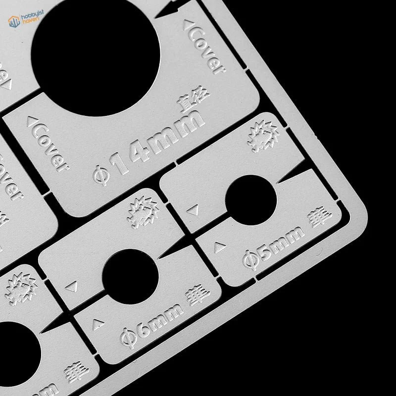 1/35 scale modeling stencils for AFV wheels with silver metal template and circular cutouts