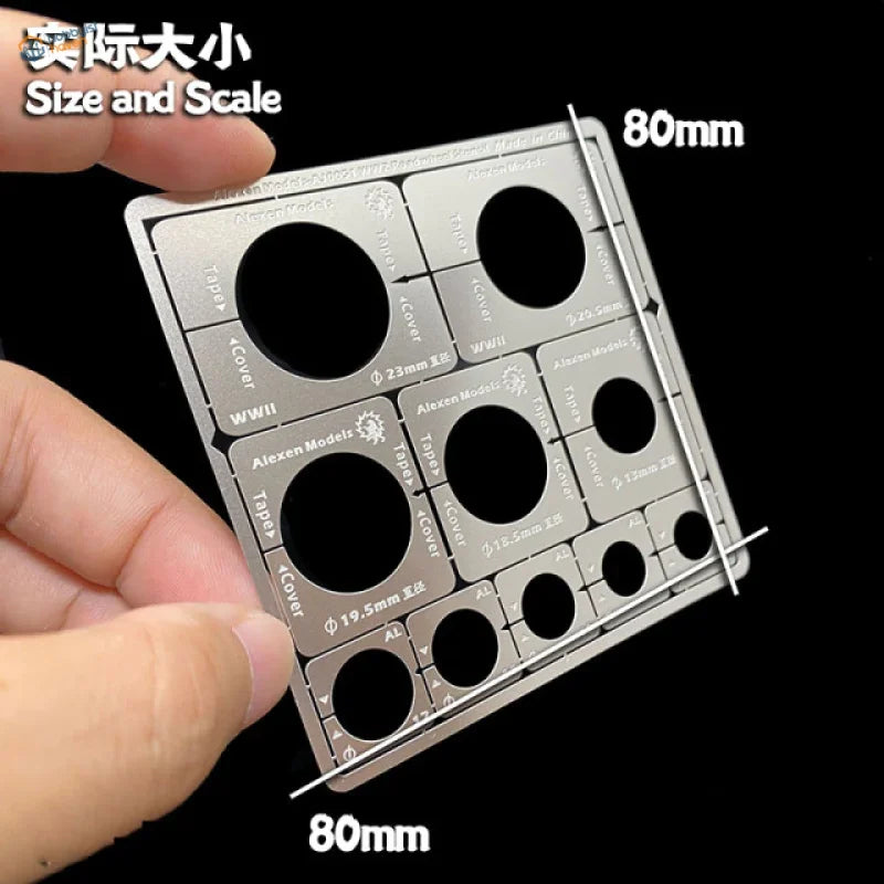 1/35 scale modeling stencils for AFV wheels: silver template with labeled circular cutouts