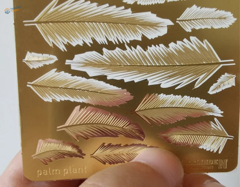 Gold photoetch palm leaves card with white rose gold feathers, Palm Plant engraving