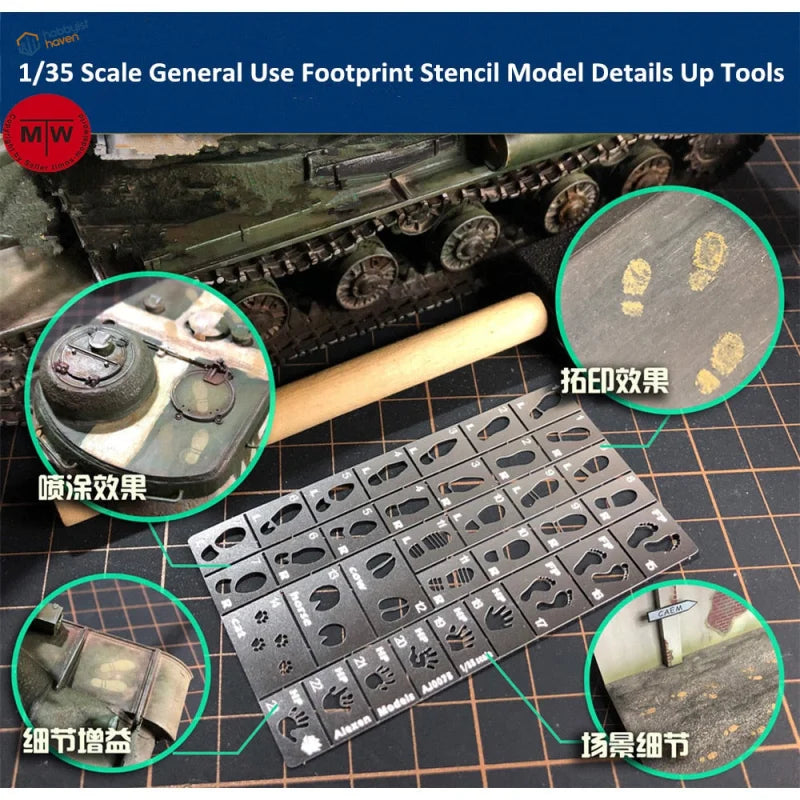 1/35 scale black metal footprint stencil with tiny details for foot hand paw prints