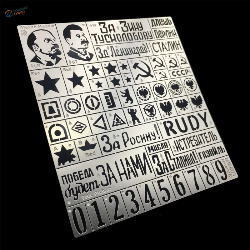 1/35 silver stencil sheet for Red Army AFVs with soviet symbols and cyrillic slogans