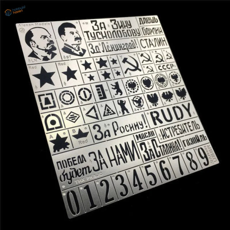 1/35 stencil for Red Army AFVs: silver sheet with black Soviet symbols