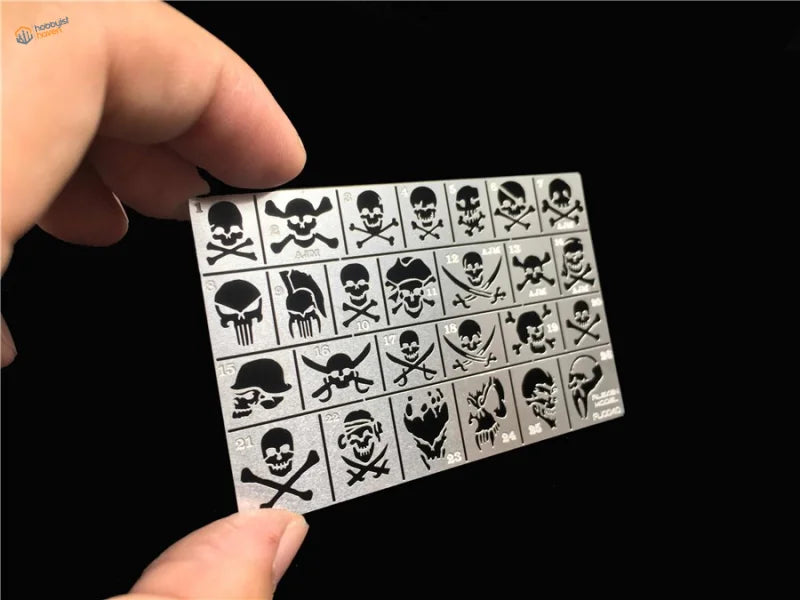 Silver 1/35 skull pattern stencils with 35 pirate skull designs