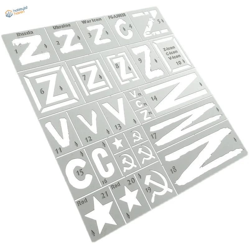 1/35 gray plastic stencil with Russian invasion markings, Cyrillic letters, stars, hammer and sickle