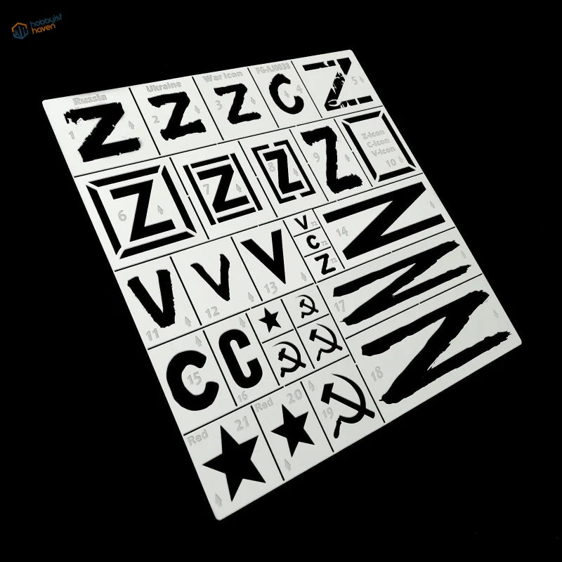 1/35 white plastic stencil with Russian invasion markings, Cyrillic, hammer-sickle