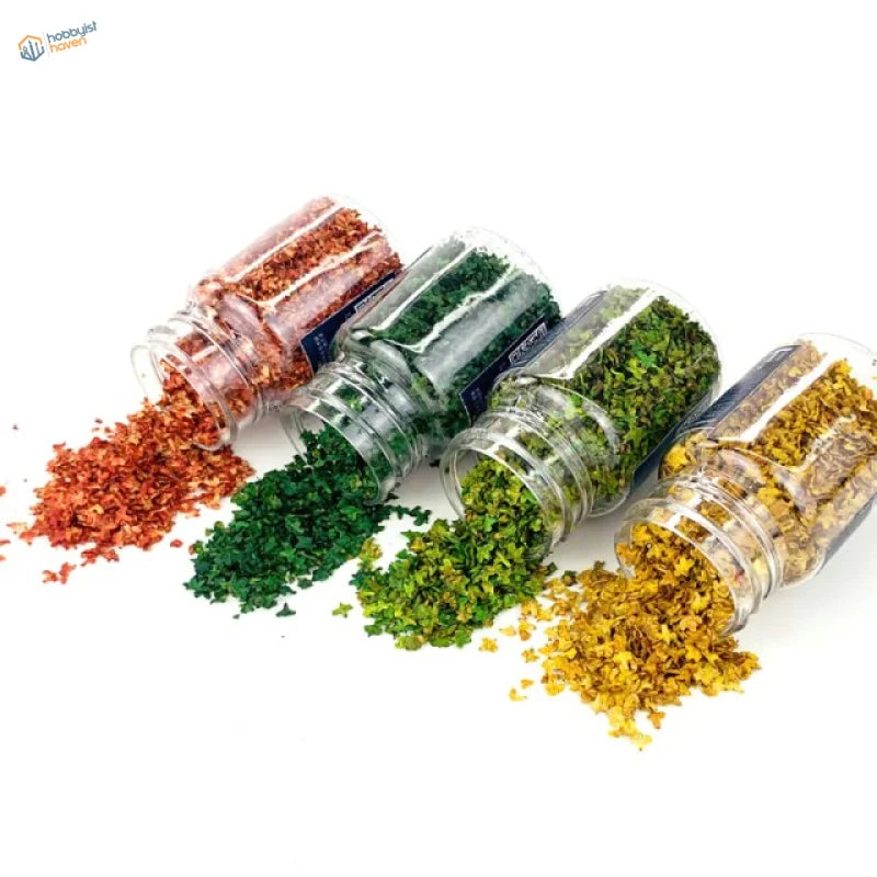 Four 1/35-1/48 miniature tree leaves jars spilling red flakes, herbs, leaves, petals