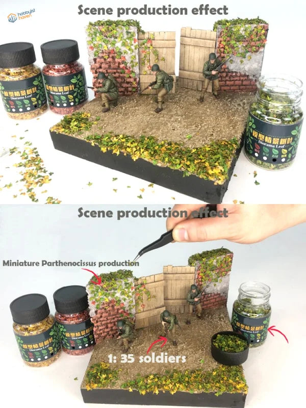 1:35 military diorama with miniature tree leaves, foliage, walls, barricades, soldiers