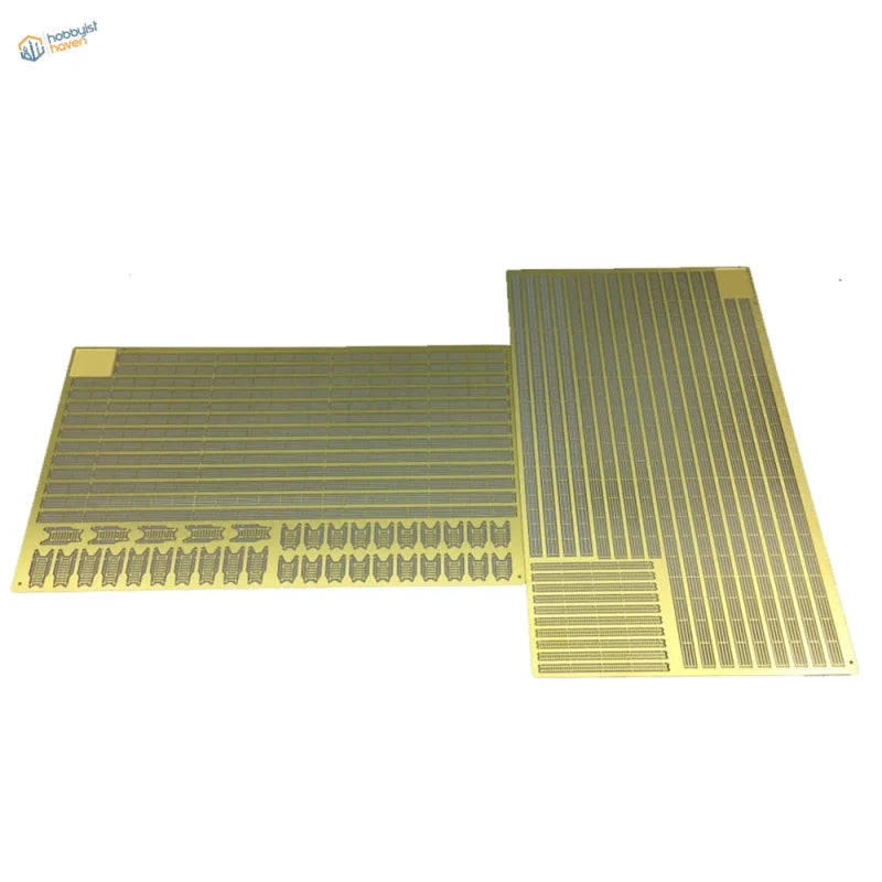 1/350 photo-etched universal three-section handrails in gold metal with intricate patterns