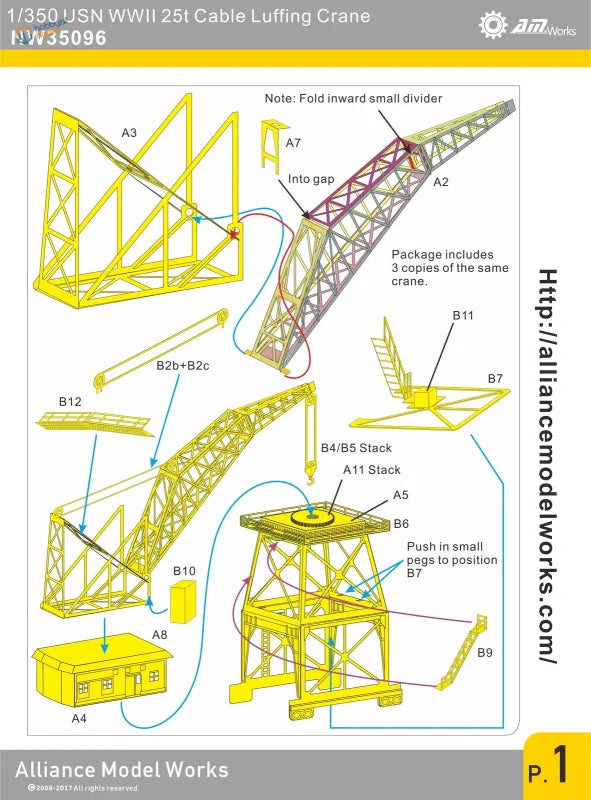 1/350 scale yellow WWII US Navy 25 ton metal kit crane by Alliance Model Works