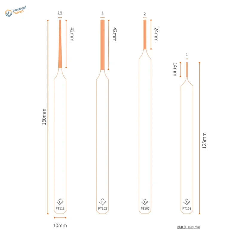 Four 1-3mm professional extra fine double-sided files with tapered handles