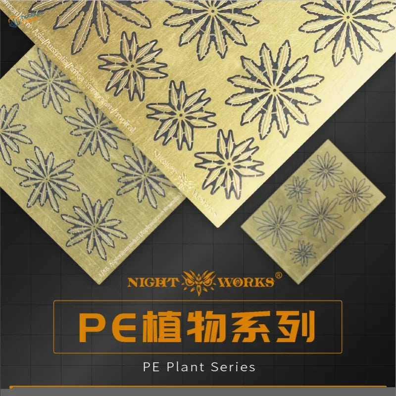 Golden tropical plant PE sheets with black floral etchings for scale modeling