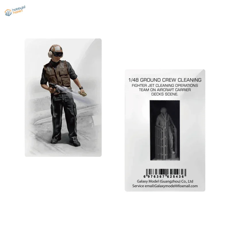 1/48 scale flight deck crew model with cleaning hose on packaging front and back