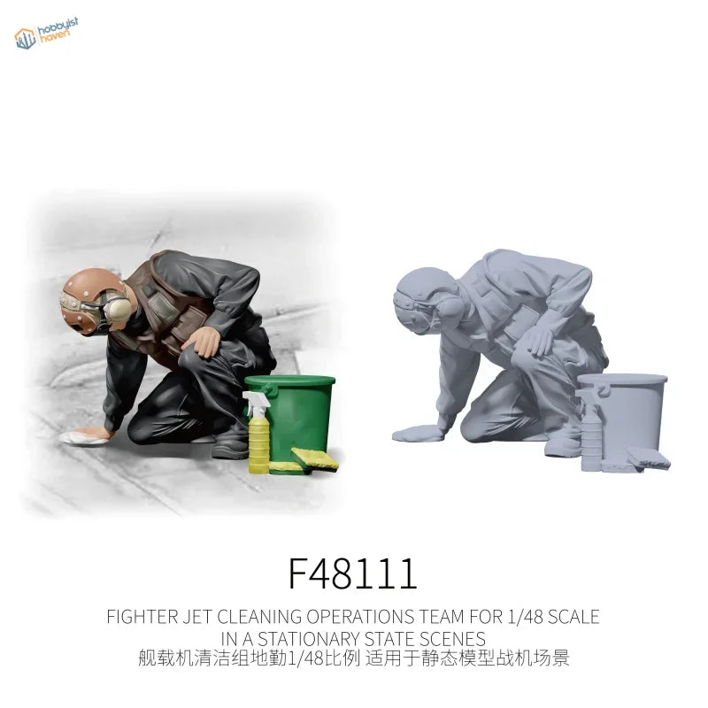 1/48 flight deck cleaning crew figure in uniform with helmet, bucket, supplies