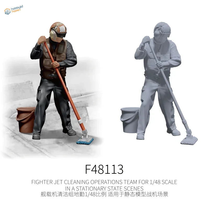 1/48 scale flight deck cleaning crew figure in black uniform with helmet holding mop