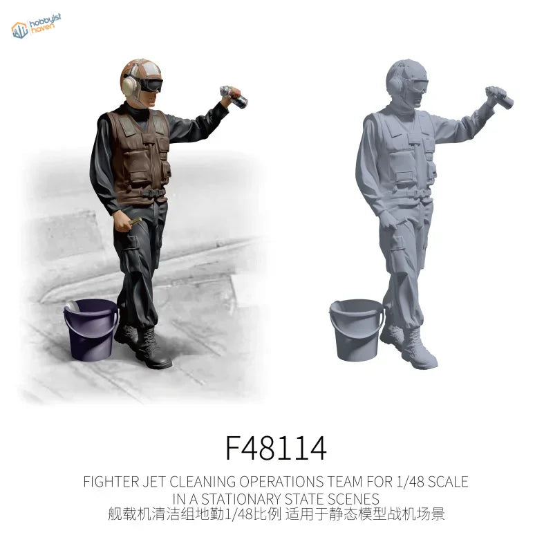 1/48 flight deck cleaning crew figure in black brown uniform with helmet holding spray can