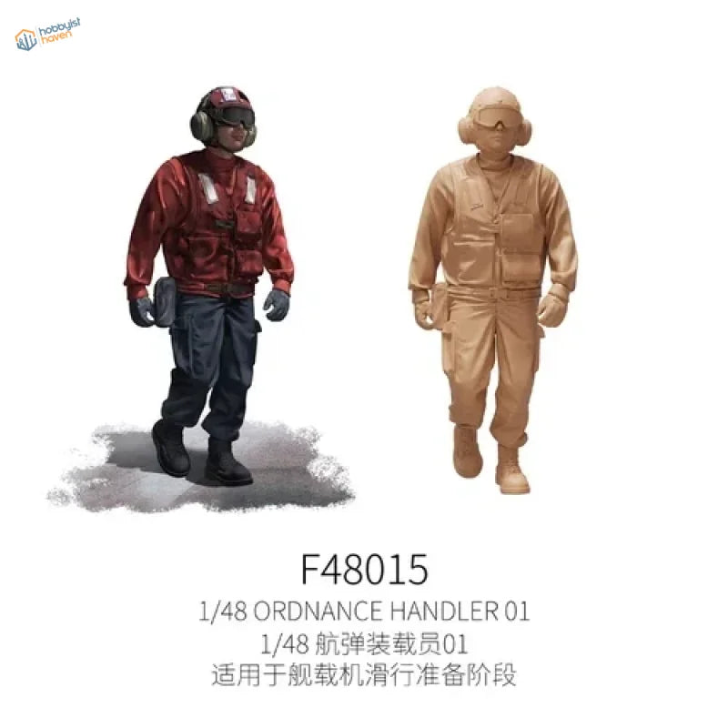 1/48 scale flight deck crew: ordnance handler in red flight suit beside tan gear figure