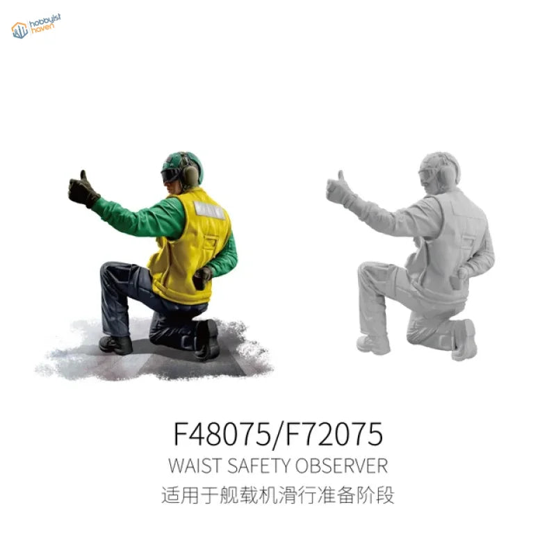 Yellow green safety observer kneeling flight deck crew figure with helmet vest gloves