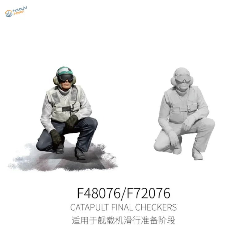 1/48 gray plastic flight deck crew member kneeling in flight gear and helmet