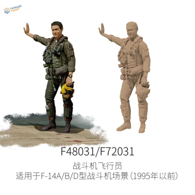 1/48 F-35 pilot figure: painted olive green gear, yellow helmet, unpainted resin in scale modeling