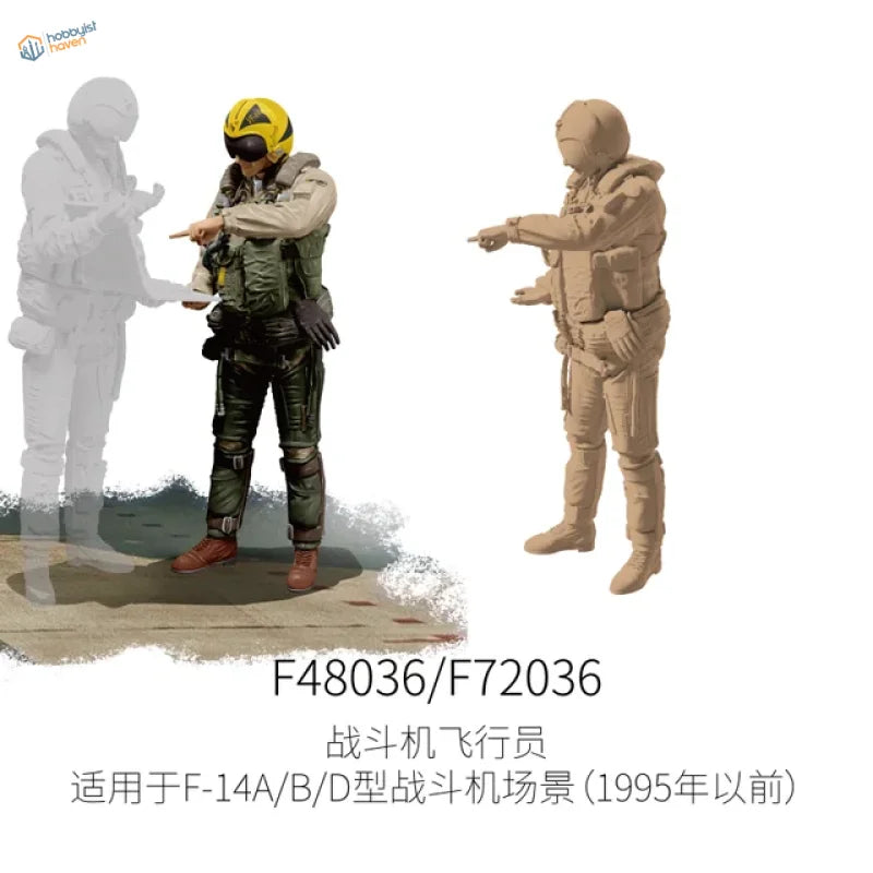 1/48 F-35 pilot figure: yellow helmeted scale modeling pilot in green suit