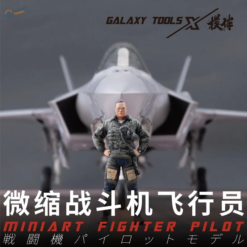 Gray-scale 1/48 resin modern fighter pilots figure in flight suit before jet backdrop