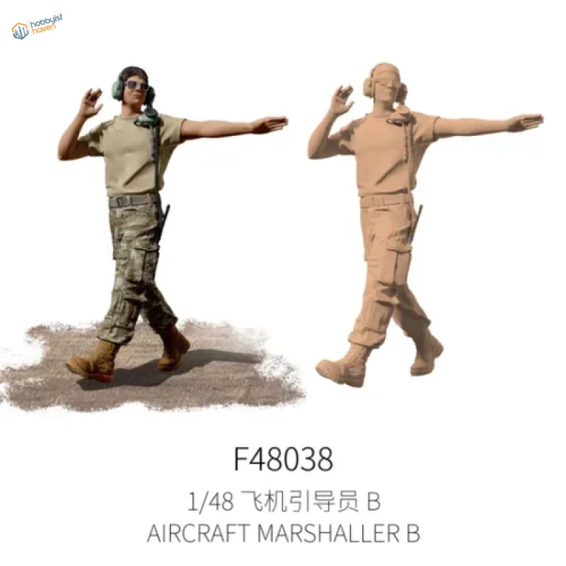 1/48 scale modern ground crew marshaller figurine in tan camouflage uniform