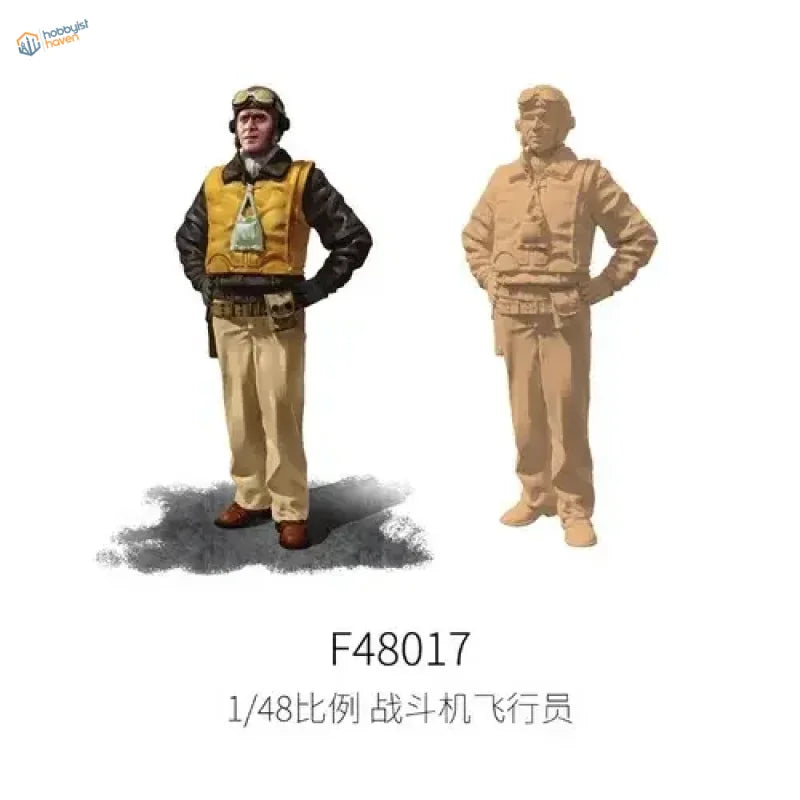 1/48 WWII fighter pilots scale model in tan trousers, black jacket, yellow vest