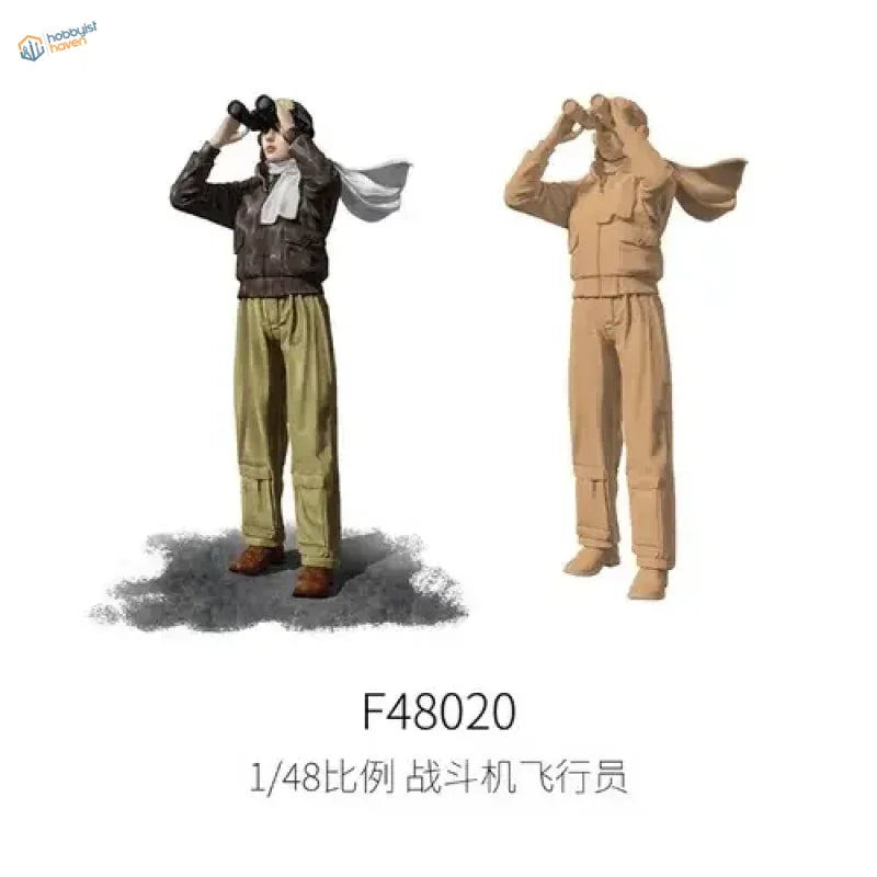 1/48 WWII fighter pilots model in brown jacket, olive pants, white scarf