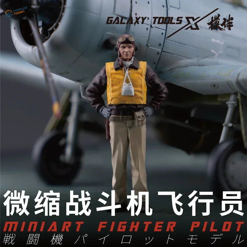 1/48 WWII fighter pilots: yellow vest miniature pilot in leather jacket before model aircraft