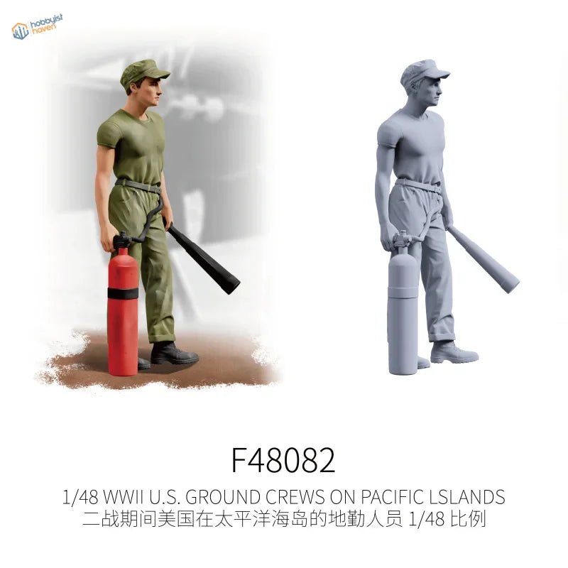 Mini Pacific ground crew figure holding red fire extinguisher