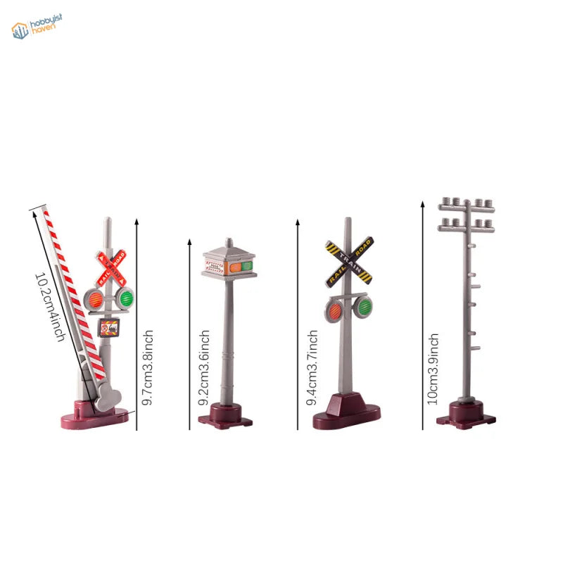 1/50 scale train traffic signs: four miniature railroad crossings with lights