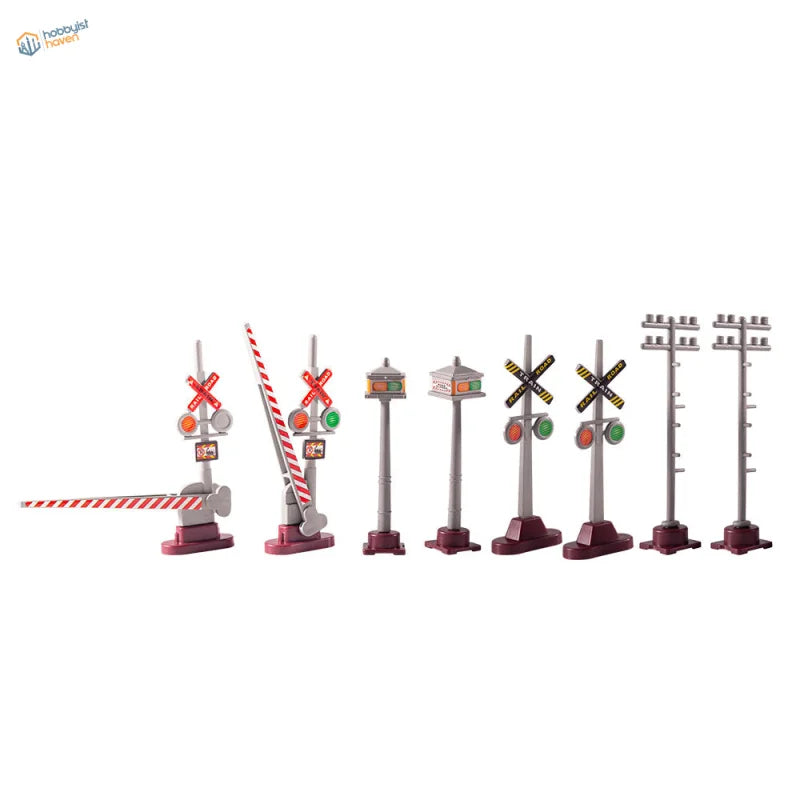 1/50 scale train traffic signs with gray poles, LED lights, striped barriers