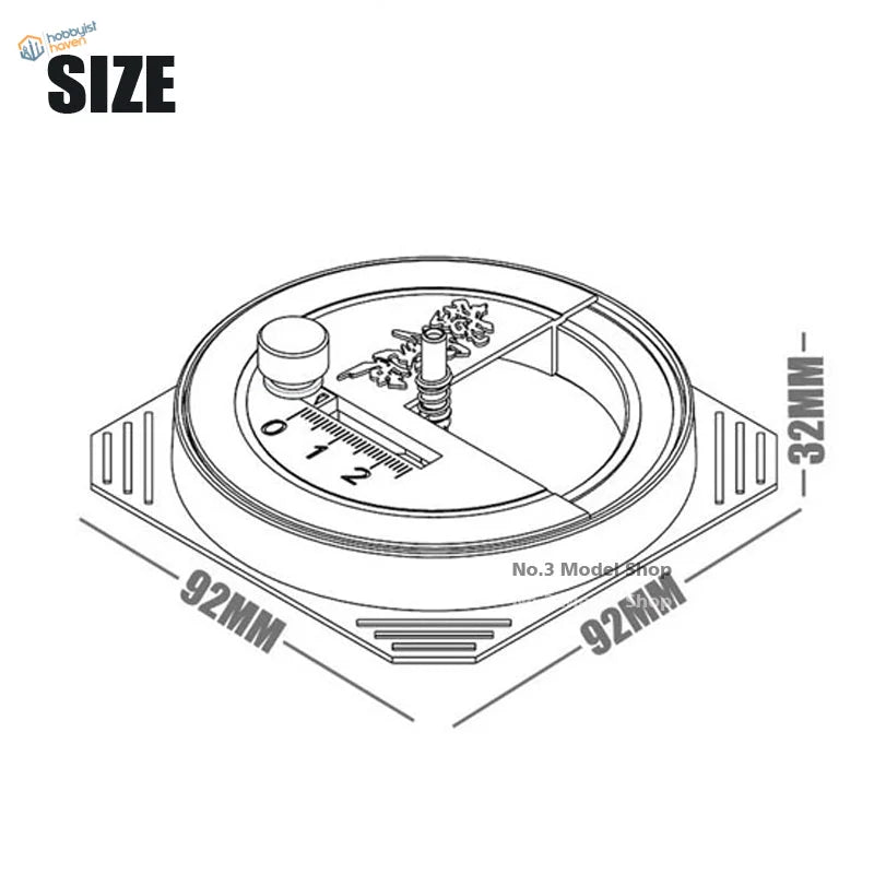 Circular ceiling light with square base for perfectly round cuts, 1-50mm scale
